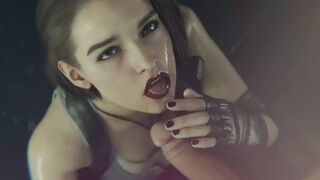 Jill from Resident Evil jerks off his dick and eats sperm