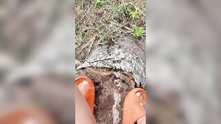 Pervert girl pissing in the woods from a tree stump