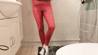 I pee in my red yoga pants and white socks