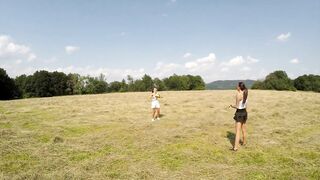 No Panties No Bra Girls Play Outdoors in the Wild to show Boobs and Pussy on a Summer Day