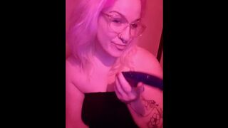 Sweet Nerdy Girl Grips Dildo With Split Tongue