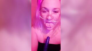 Sweet Nerdy Girl Grips Dildo With Split Tongue