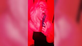 Sweet Nerdy Girl Grips Dildo With Split Tongue