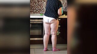 Mature BBW MILF in the kitchen in white panties.