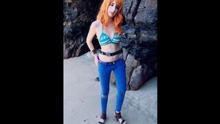 SEXY GIRL STRIPS COSPLAYING NAMI - Beach redhead hottie!