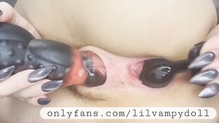 Petite goth slut close up DP with butt plug and dildo