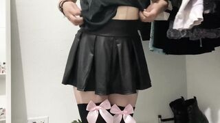 Teen girl in mini skirt and stockings shows you her ass (strip tease).