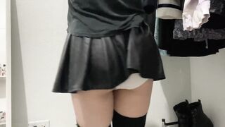 Teen girl in mini skirt and stockings shows you her ass (strip tease).